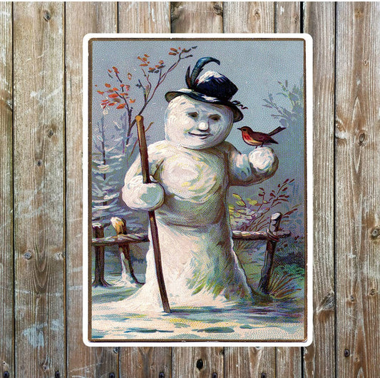 Snowman and Robin winter Vintage art Metal Sign Plaque