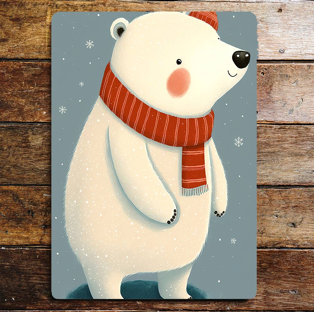 Cute Happy Polar Bear Red Scarf Snowing | Metal Sign Plaque