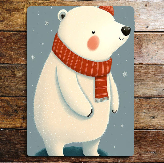 Cute Happy Polar Bear Red Scarf Snowing | Metal Sign Plaque