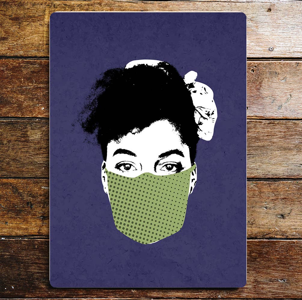 Pin Up Girl Green Spotty Face Mask Metal Sign Plaque