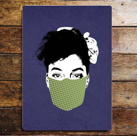 Pin Up Girl Green Spotty Face Mask Metal Sign Plaque