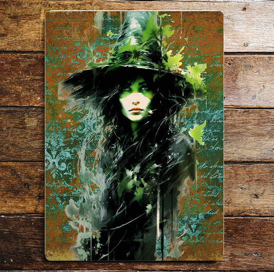 Green Leaf Witch Halloween | Metal Sign Plaque
