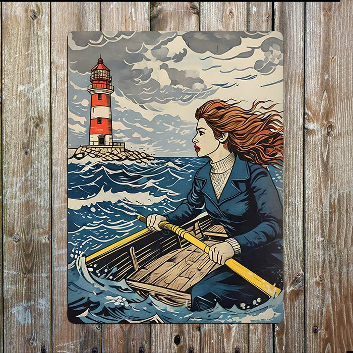 women Rowing Lighthouse rough Sea Nautical | Metal Sign Plaque