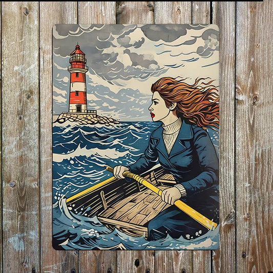 women Rowing Lighthouse rough Sea Nautical | Metal Sign Plaque