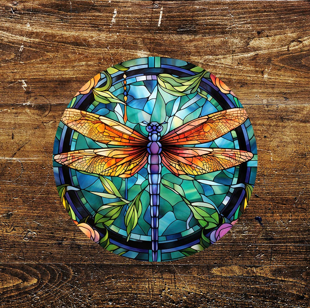 Dragonfly Blue Stained Glass Mural affect Circle Metal Sign