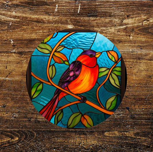 Robin Winter Stained Glass affect Circle Metal Sign