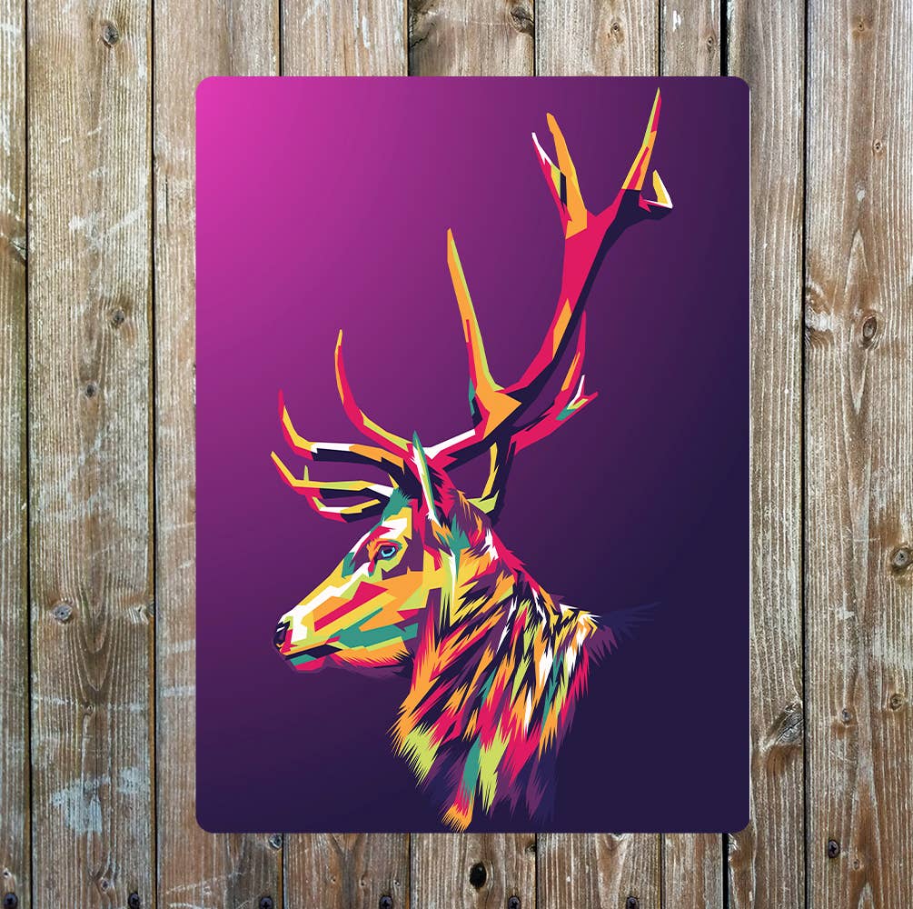 Colourful Deer Head Purple Background | Metal Sign Plaque