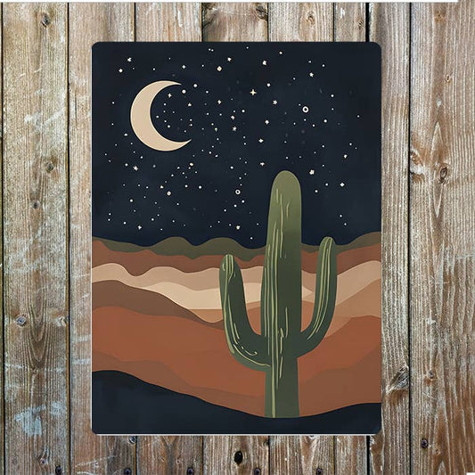 Desert Night Moon Cacti Cowboy Western | Metal Sign Plaque