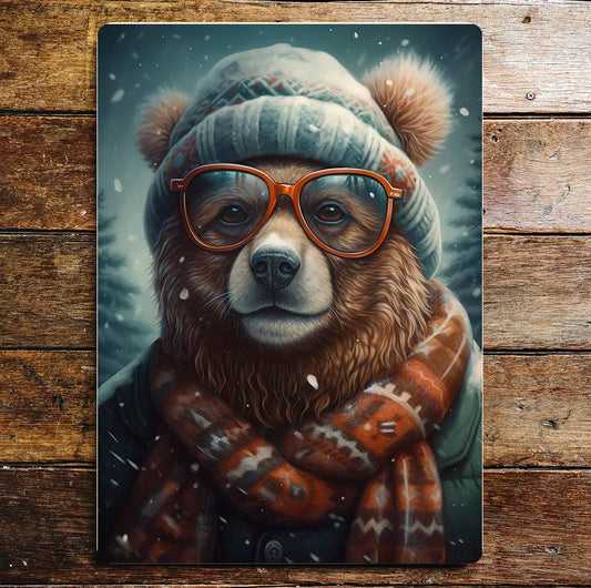 Brown Bear Portrait Winter Time Fun | Metal Sign Plaque