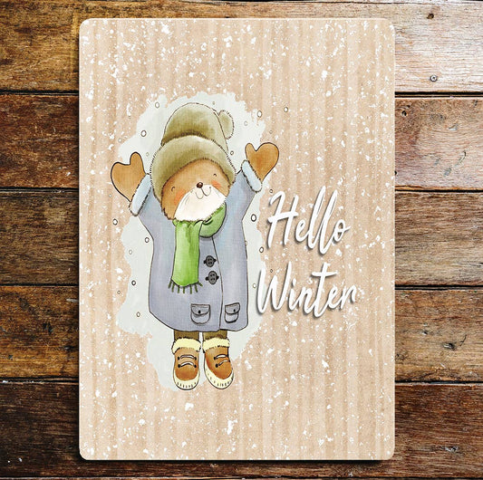 Hello Winter Cute Bear Hat And Scarf | Metal Wall Sign