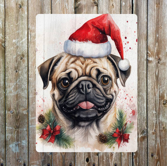 Christmas Pug in Santa Hat | Metal Sign Plaque