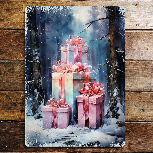 Watercolour Gifts Pile Christmas Winter | Metal Sign Plaque