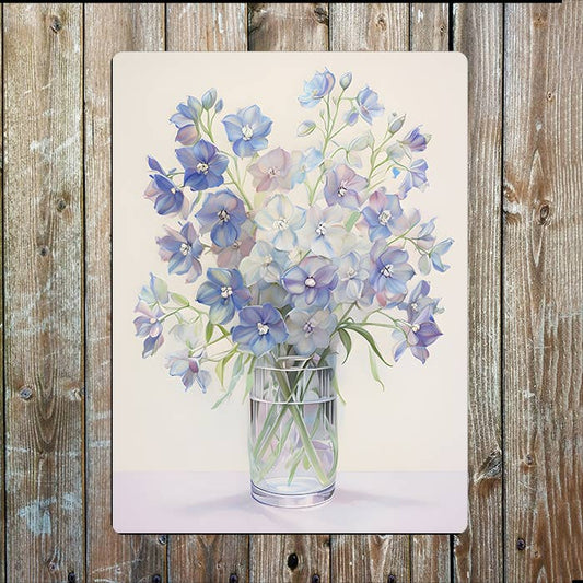 Pastel Delphiniums in a Glass Vase | Metal Sign Plaque