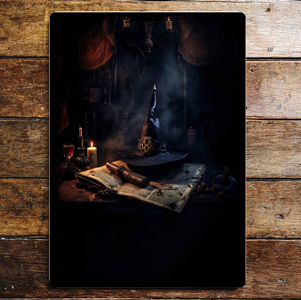 Halloween Wizard Hat Spooky Landscape | Metal Sign Plaque