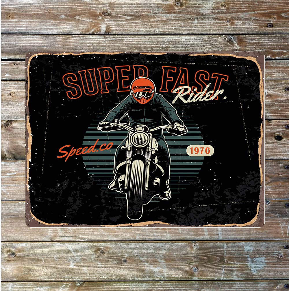 Bike superfast rider 1970 wall art | Metal Sign Plaque