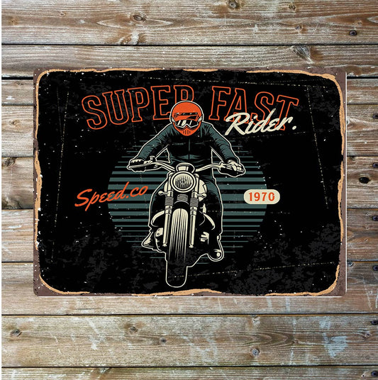 Bike superfast rider 1970 wall art | Metal Sign Plaque