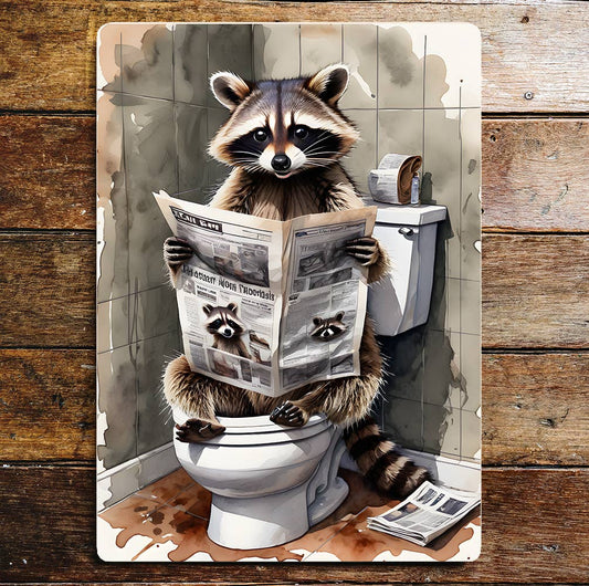 Raccoon Newpaper On the Toilet Bathroom | Metal Sign