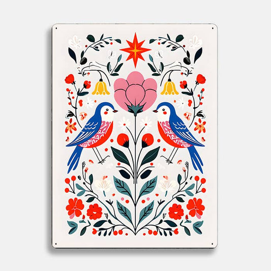 Birds Flowers Floral scandinavian folk | Metal Sign Plaque