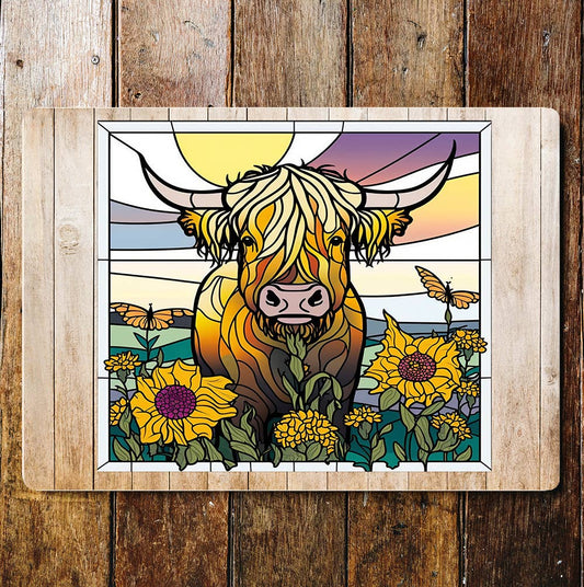Highland Cow Stained glass art Sunflower | Metal Wall Sign
