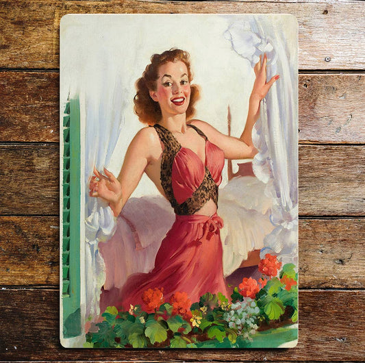 Pinup Girl Window morning Metal Wall Sign Plaque