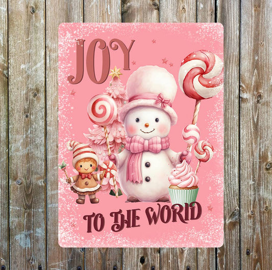 Joy to the World Snowman Pink Christmas | Metal Sign Plaque