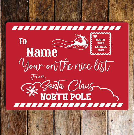Name Nice List North Pole Christmas | Metal Sign Plaque