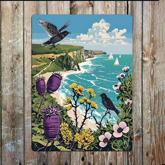 Vibrant Beach Black Birds Sea Nautical | Metal Sign Plaque