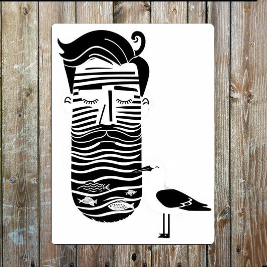 Illustration man and seagull Nautical | Metal Sign Plaque