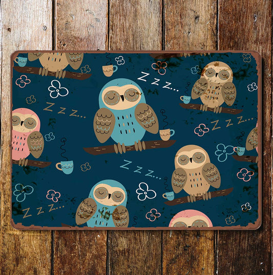 owl pattern sleeping coffee | Metal Wall Sign Plaque