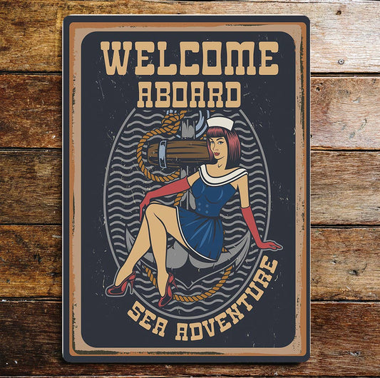 Welcome aboard sea adventure sailor girl | Metal Sign