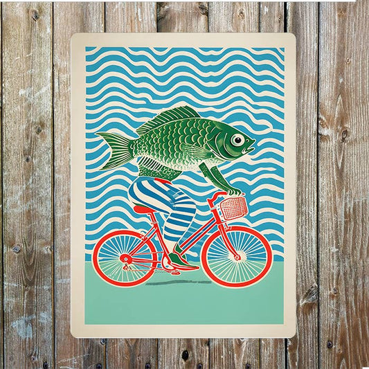 Fish Riding Bicycle Bike | Metal Sign Plaque
