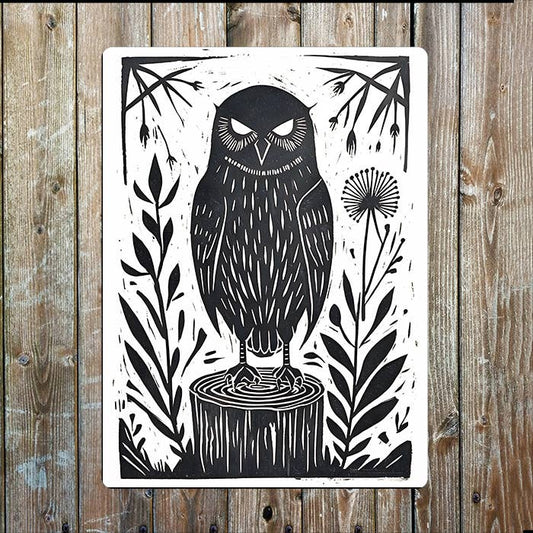 Wild Owl In Nature Linocut Style | Metal Sign Plaque