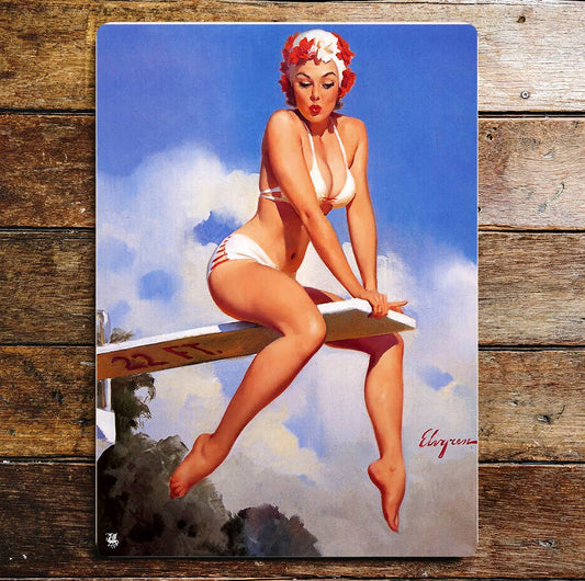 Pin Up Girl Diving Board Bikini Metal Sign Plaque