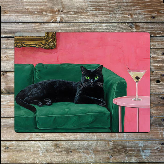 Black Cat Relaxing On Forest Green Couch | Metal Sign Plaque