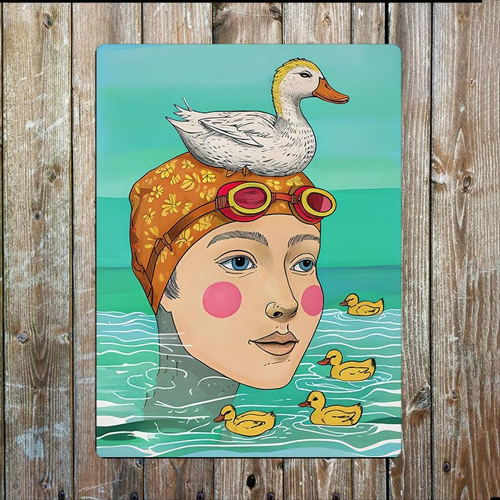 Swimmer with Duck on head Nautical Metal Sign Plaque