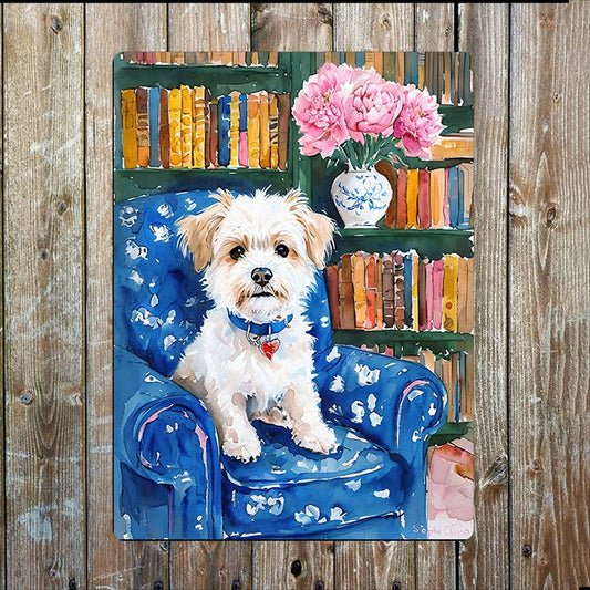 White Dog On Blue Armchair | Watercolour | Metal Sign Plaque