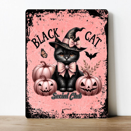 Black Cat Witch Spooky Halloween Pink | Metal Sign Plaque