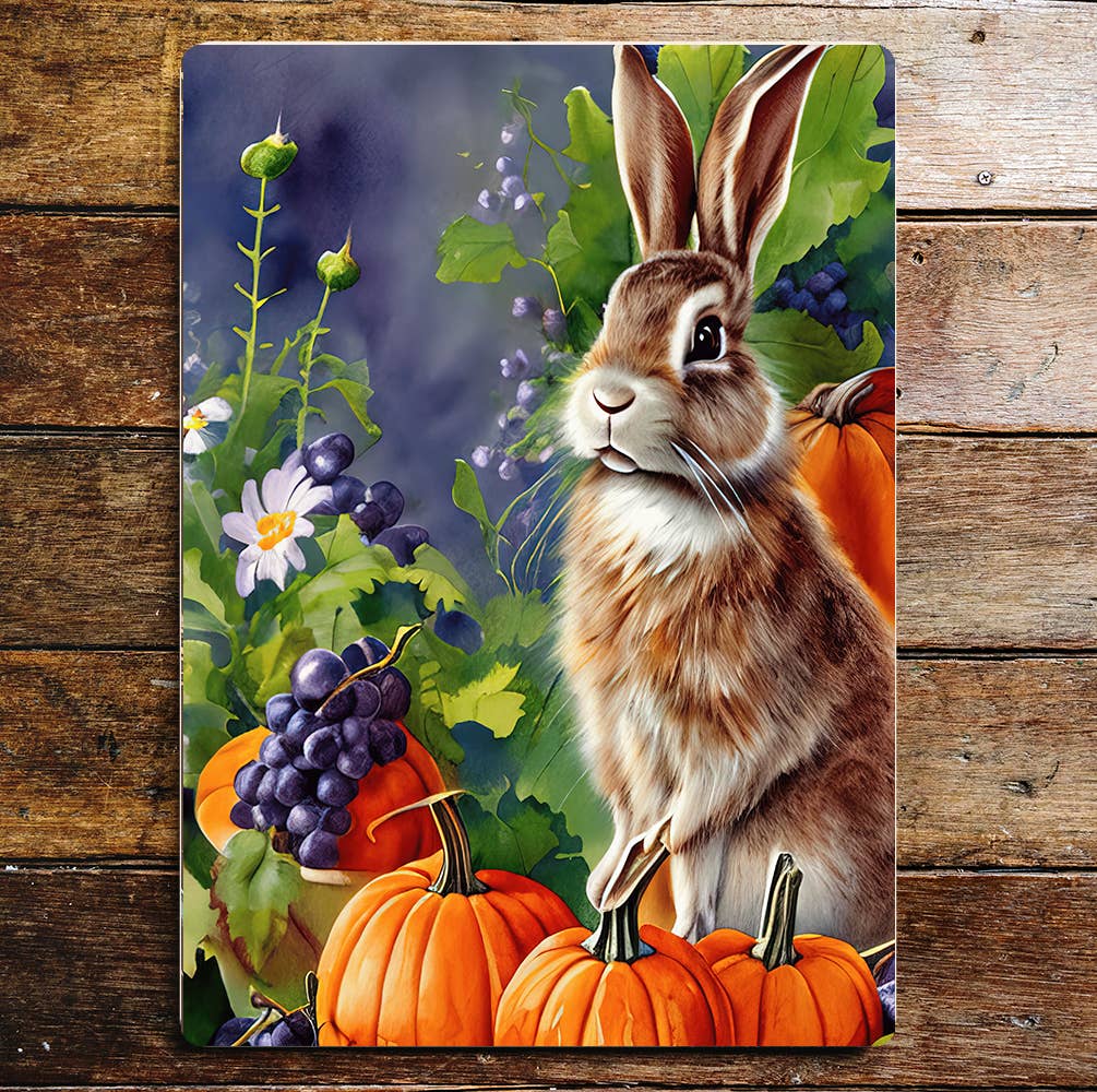 Rabbit Sitting With Pumpkins Metal Sign Plaque