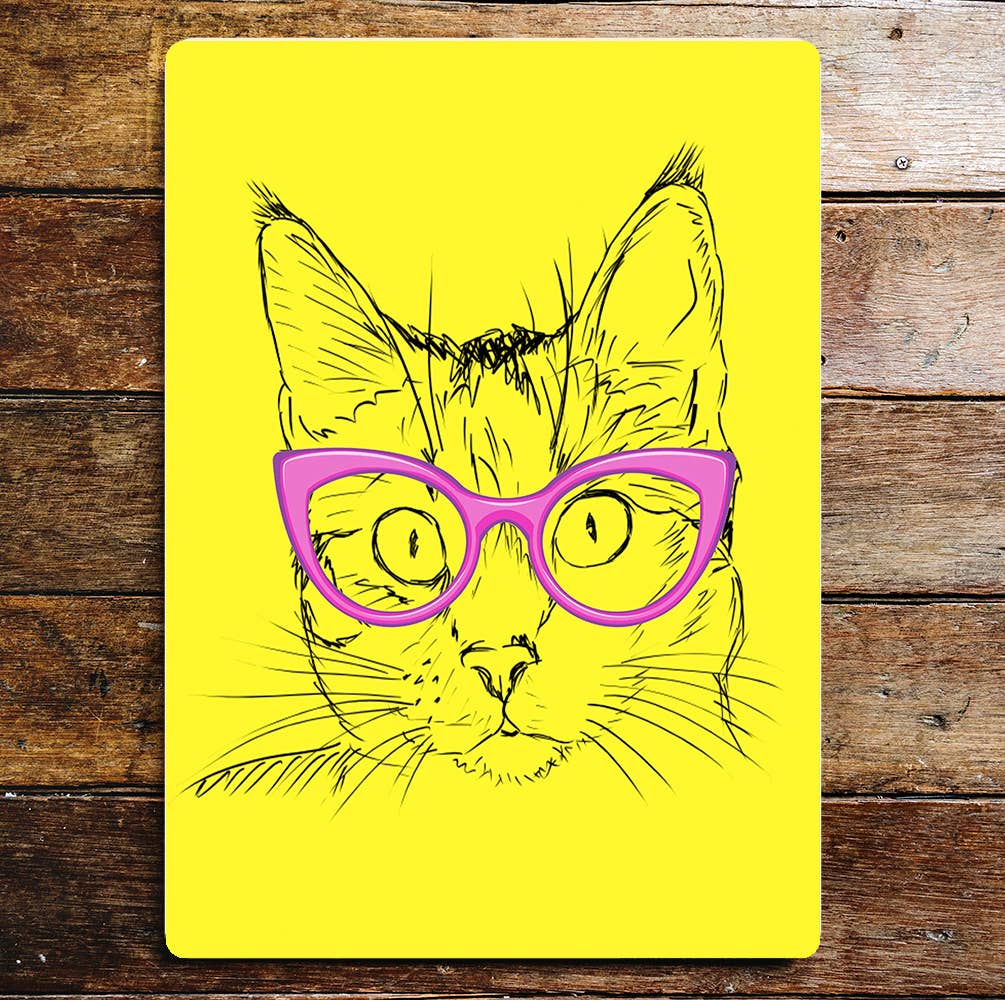 Cat with Glasses Yellow | Metal Wall Sign Plaque