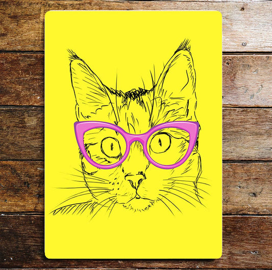 Cat with Glasses Yellow | Metal Wall Sign Plaque