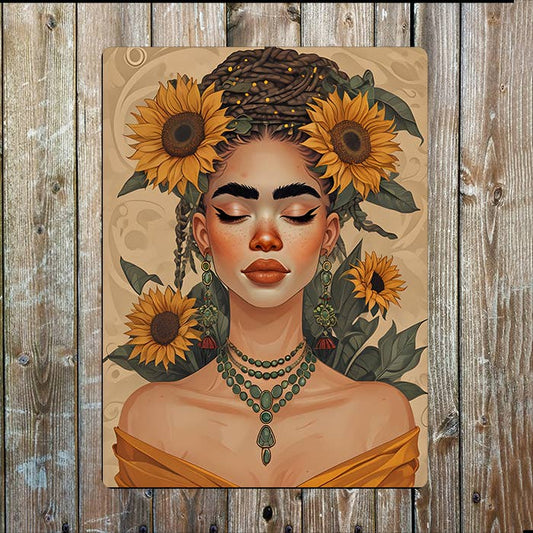 Woman With Sunflower Flowers | Metal Sign Plaque