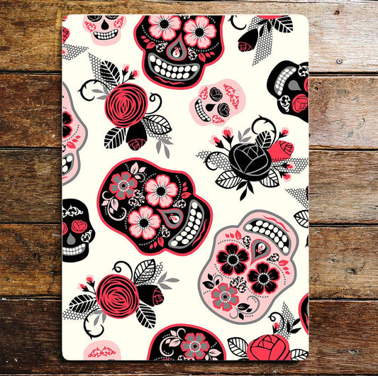 Skull Flowers Pink Red Candy Sugar Metal Wall Sign