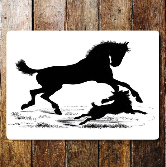 Running Horse And Dog Black And White Metal Sign Plaque