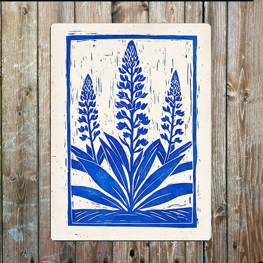 Blue Lupine Flowers Linocut Style | Metal Sign Plaque