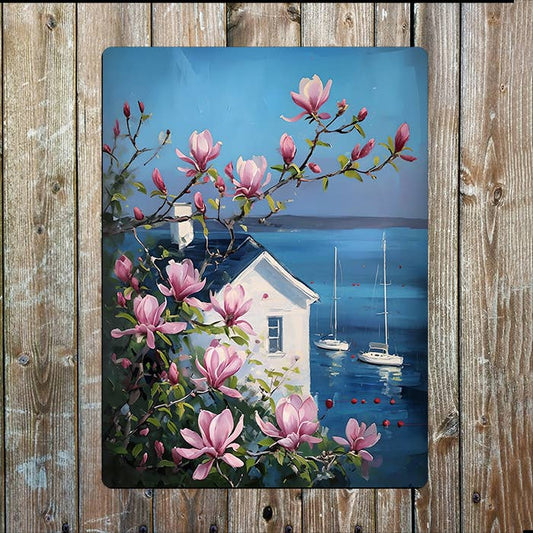 Coastal Scene Flowers Boat Sea Nautical | Metal Sign Plaque