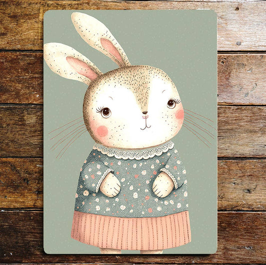 Cute Happy Rabbit Girl Spotty Dress | Metal Sign Plaque