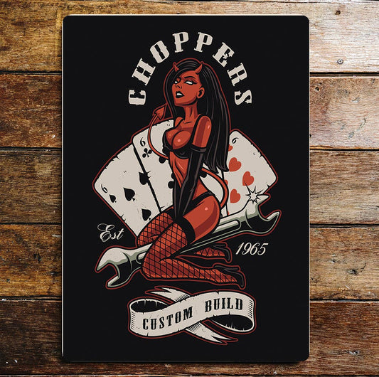 Devil choppers pin up cards | Metal Sign plaque