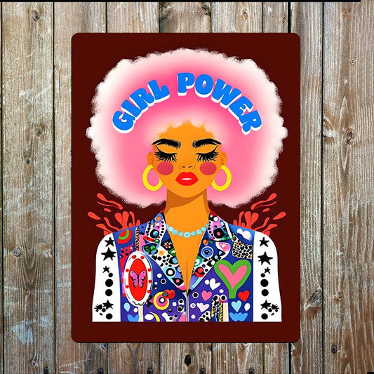 Vibrant Illustration Girl Power Retro | Metal Sign Plaque