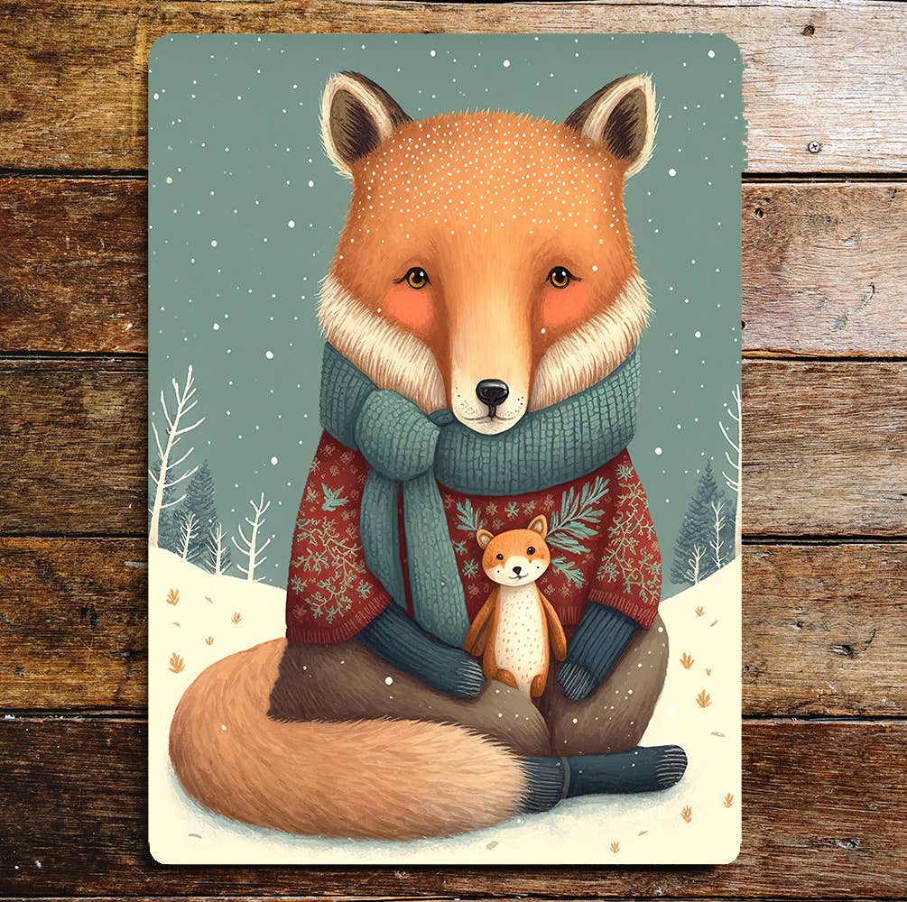 Cute Fox Jumper Scarf Teddy Bear | Metal Sign Plaque