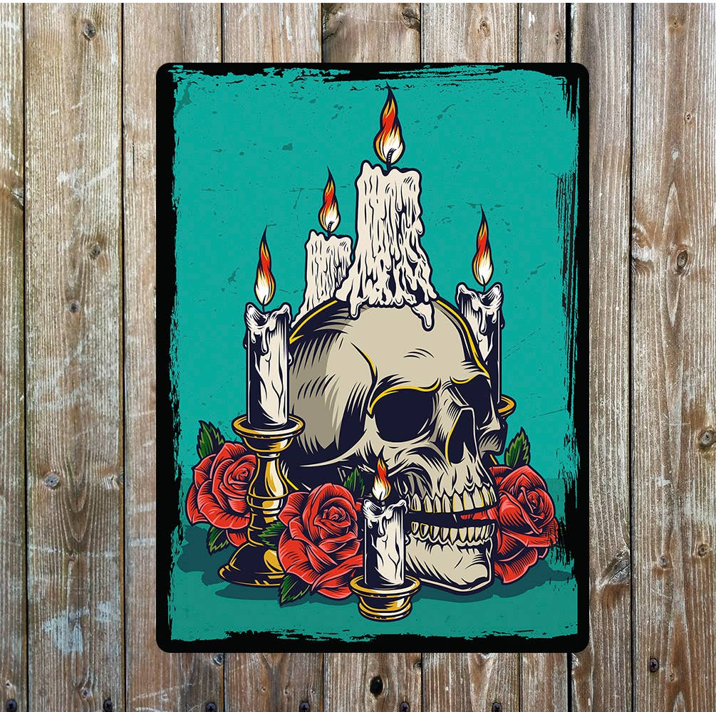 Burning roses skull art | Metal Wall Sign